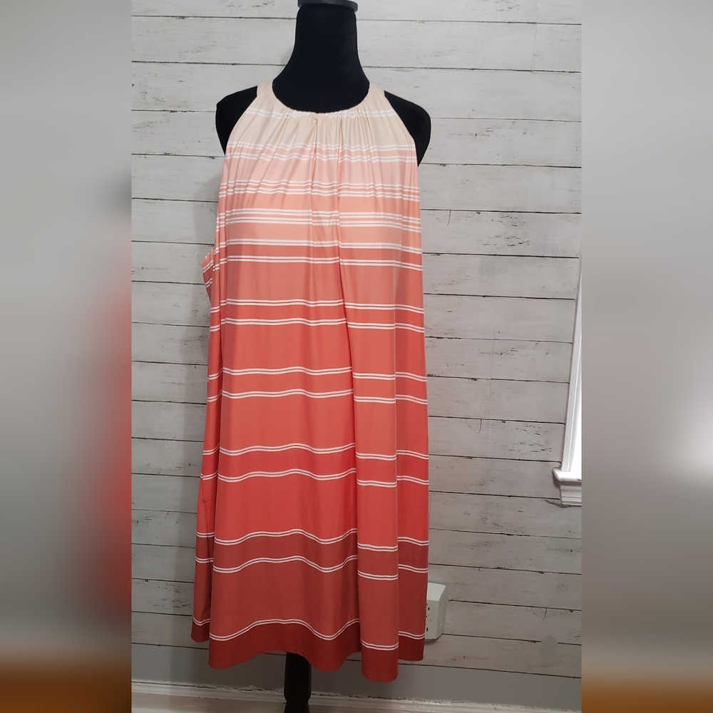Soma Coral to Peach Ombre Halter Midi Dress with White Stripes